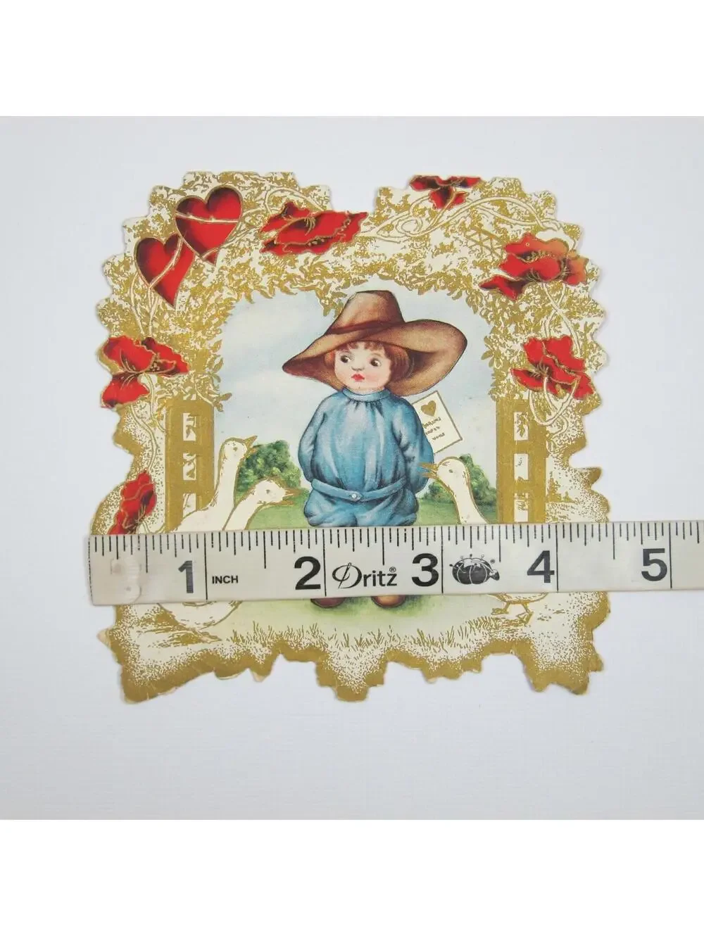 Vintage Valentine Card Boy Blue & Brown Hat White Goose Red Gold Die cut Bifold